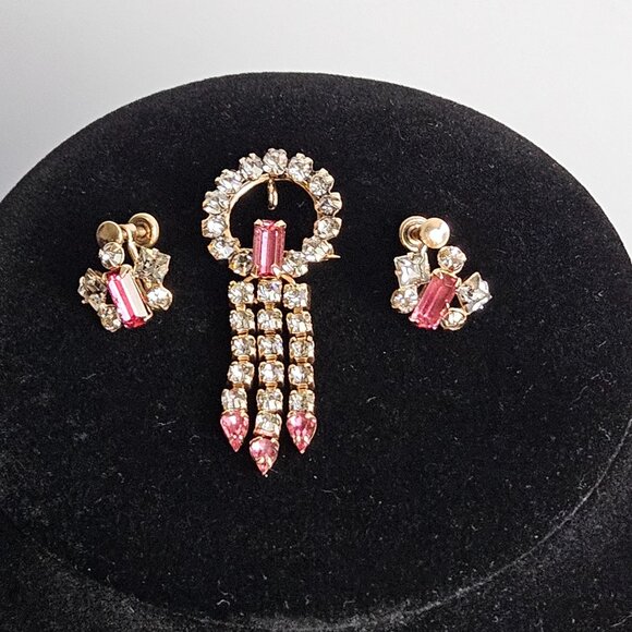 Vtg Marks & Spencer 12K Gold-Filled Rare Pink Rhinestone Brooch & Earrings Set - Picture 12 of 16